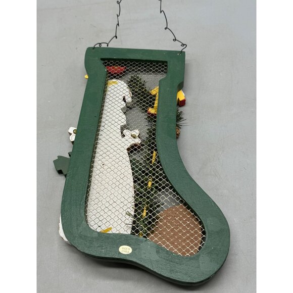 Christmas stocking wall hanging Santa bird house wood metal mess red green READ - Picture 7 of 7